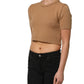 Brown Wool Short Sleeves Cropped Blouse Top