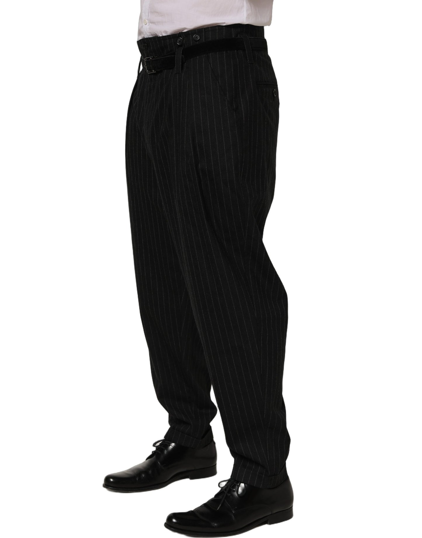 Black Pinstripe Wool Men Dress Trouser Pants