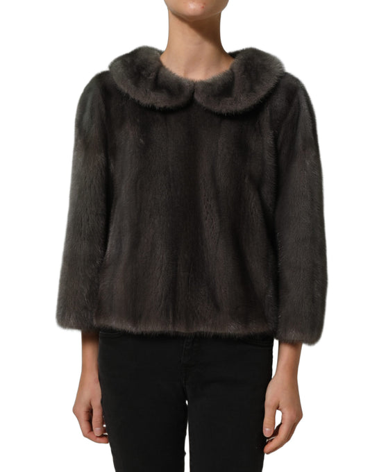 Dark Gray Mink Fur Round Collar Blouse Top