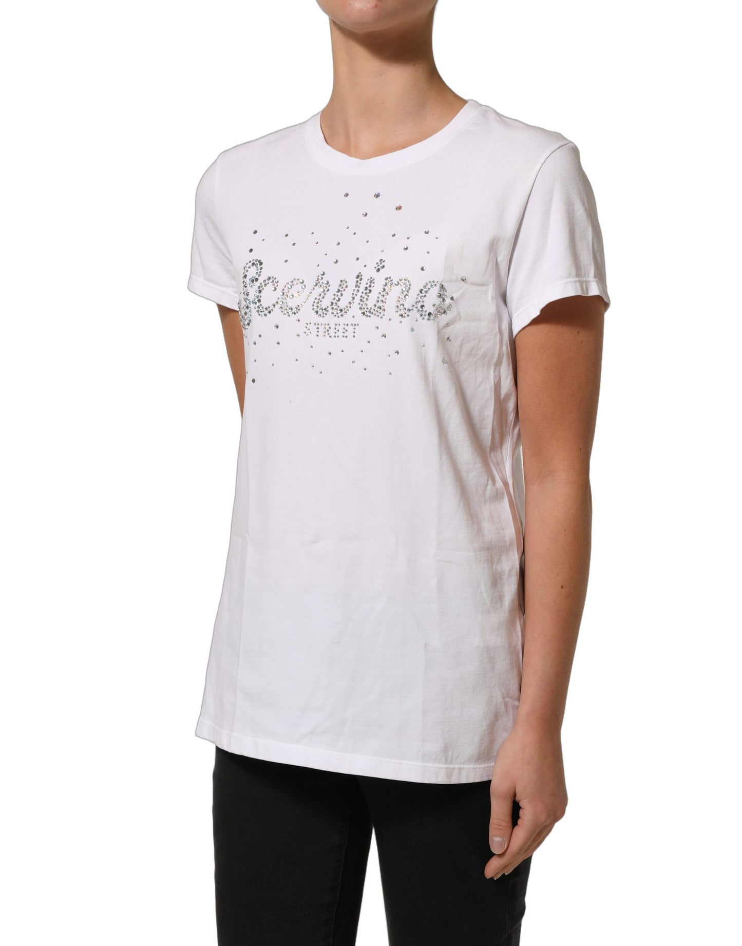 White Crew Neck Short Sleeves Embellished T-shirt