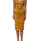 Gold Silk Ruched Bodycon Sheath Midi Dress