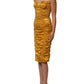 Gold Silk Ruched Bodycon Sheath Midi Dress