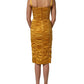 Gold Silk Ruched Bodycon Sheath Midi Dress
