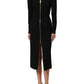 Black Long Sleeves Front Zipper Midi Dress