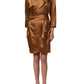 Brown Satin Acetate Wrap Sheath Mini Belted Dress