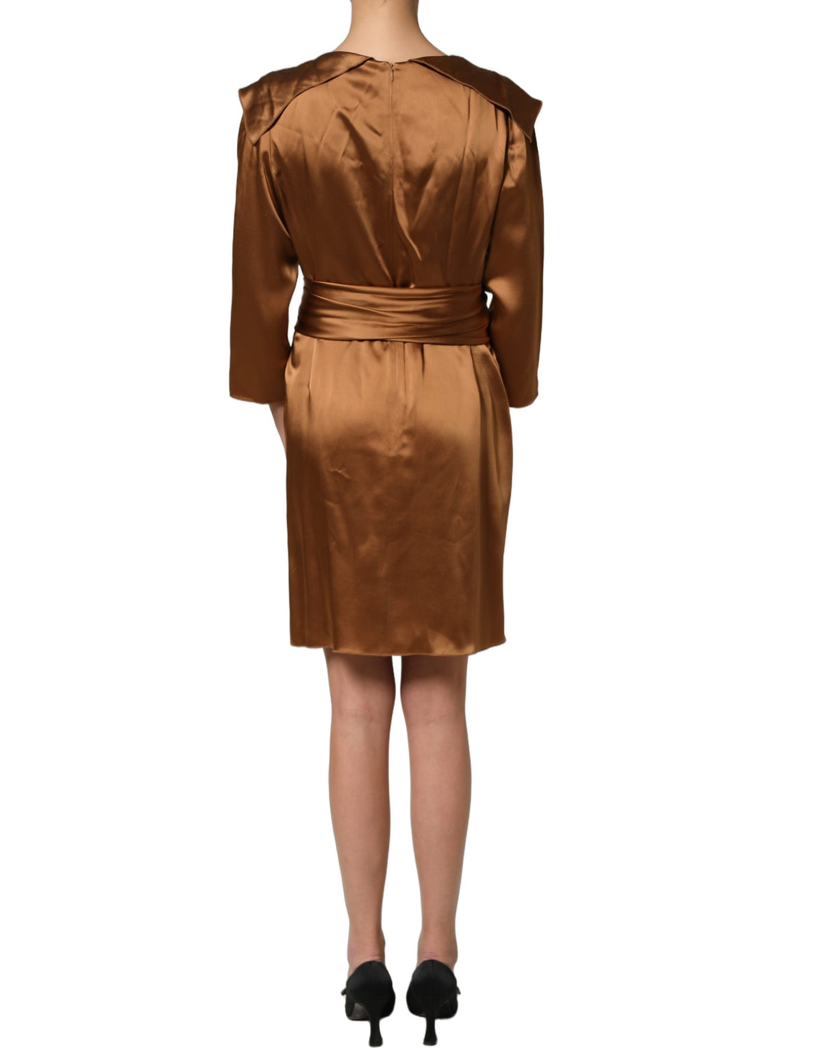 Brown Satin Acetate Wrap Sheath Mini Belted Dress