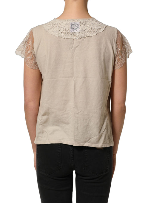 Beige Cotton Lace Detailing Round Neck Top