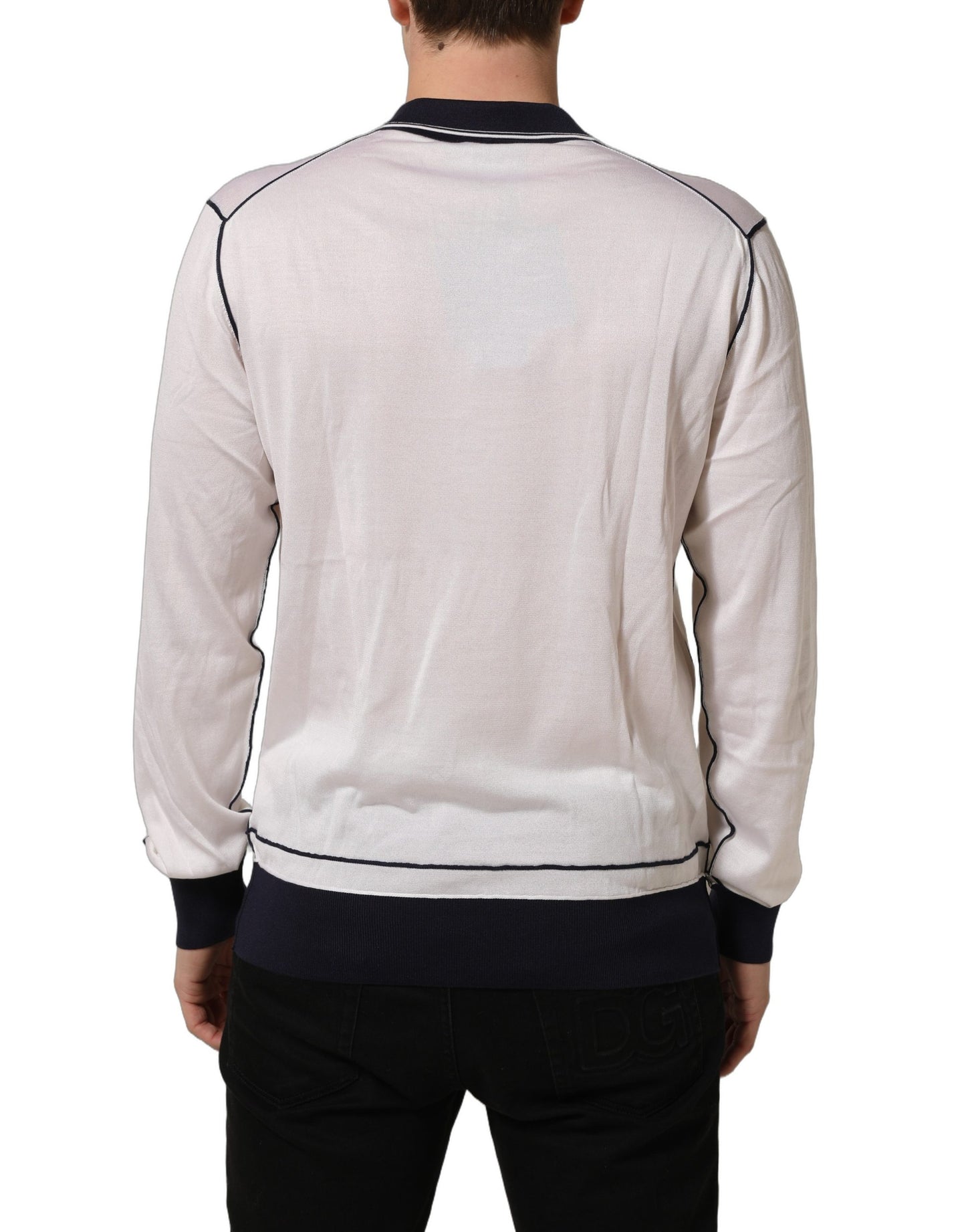 White Silk Collared Henley Pullover Sweater