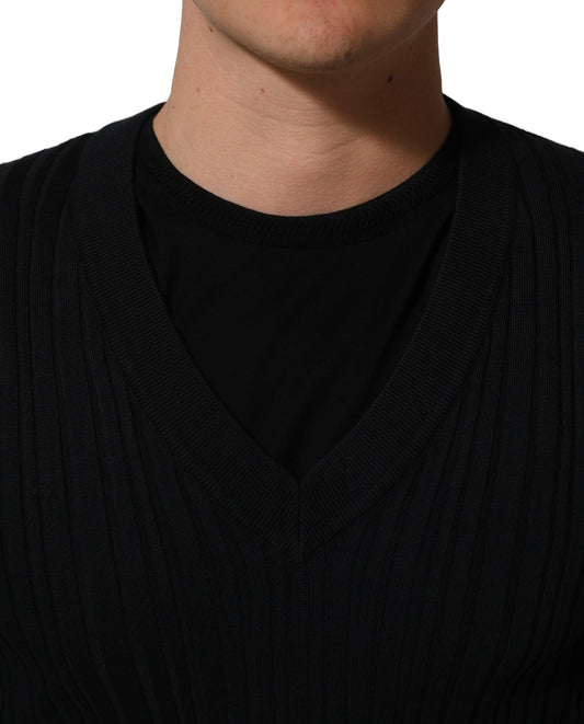 Black Silk Blend V-neck Pullover Men Sweater