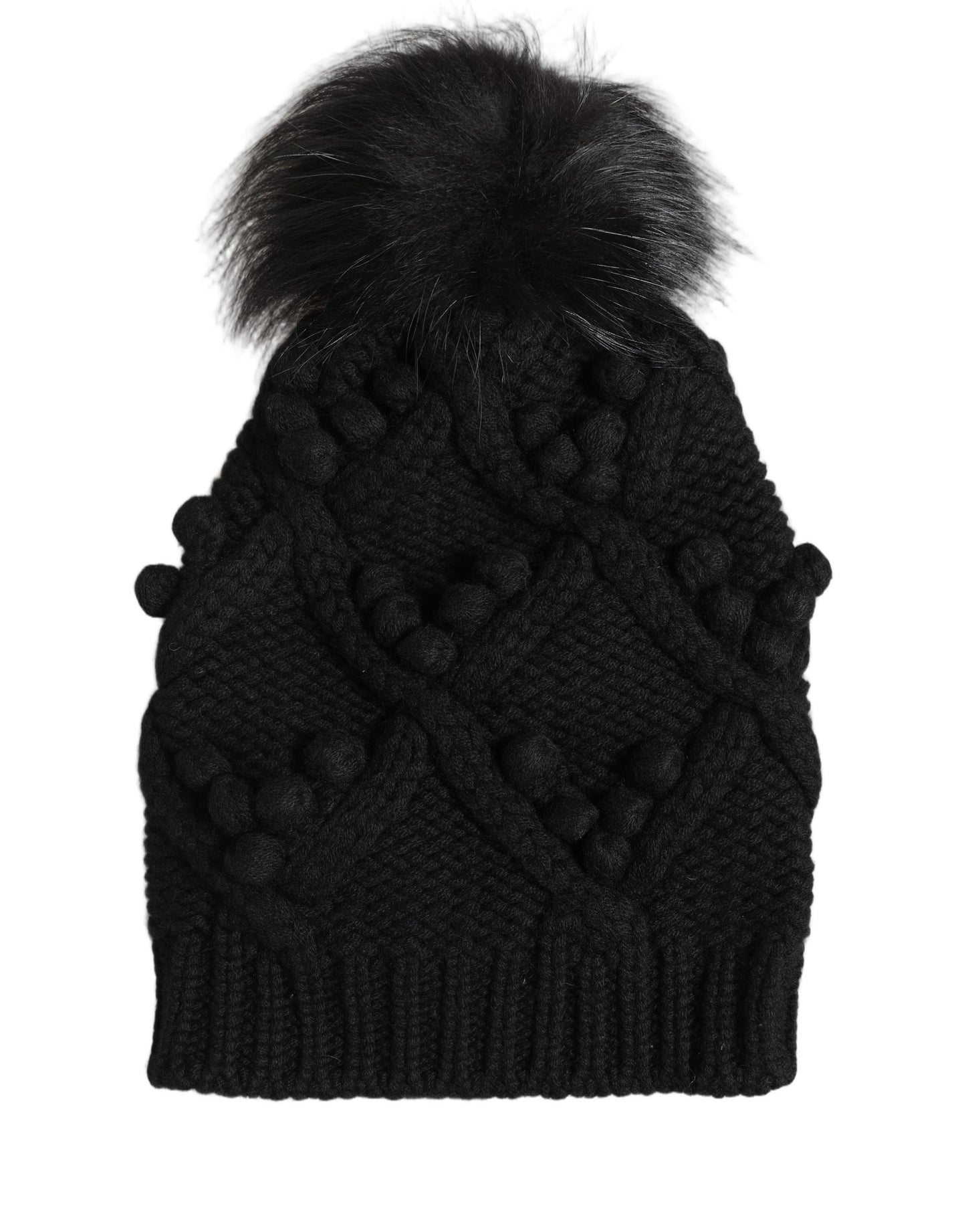 Black Cashmere Knitted Fur Pom-Pom Beanie One Size Hat