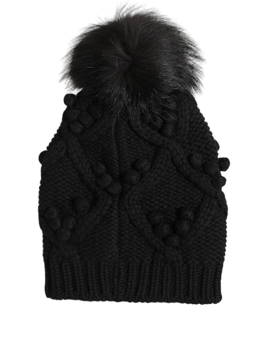 Black Cashmere Knitted Fur Pom-Pom Beanie One Size Hat