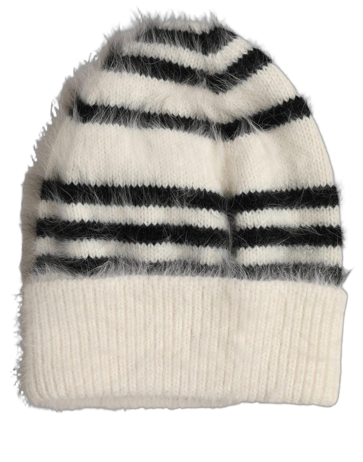 Black White Striped Angora Knitted Beanie One Size Hat