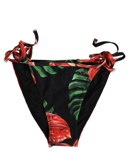 Black Floral Print Nylon Beachwear Bikini Bottom