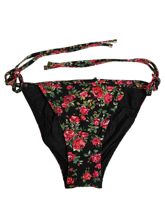 Black Floral Print Nylon Beachwear Bikini Bottom
