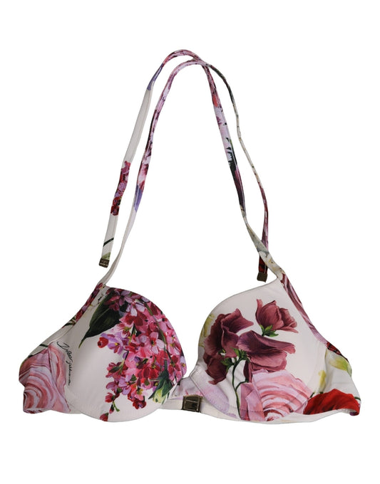 White Floral Print Nylon Beachwear Bikini Top
