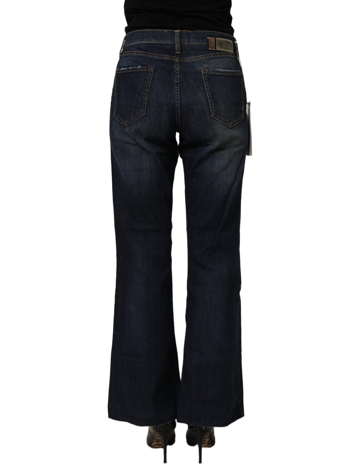 Dark Blue Washed Mid-Waisted Flared Denim Casual Jeans