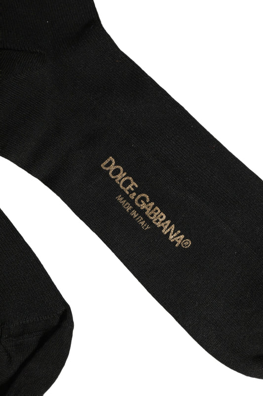 Black Cotton Ribbed Logo Over The Calf Women Socks