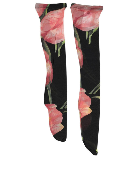 Black Pink Floral Tulip Nylon Stockings Socks
