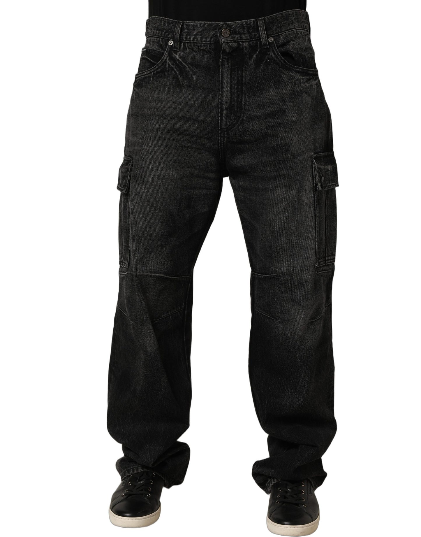 Dark Gray Cotton Baggy Cargo Men Denim Jeans