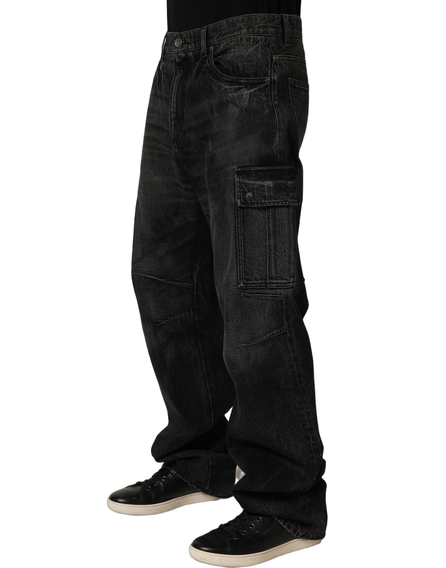 Dark Gray Cotton Baggy Cargo Men Denim Jeans