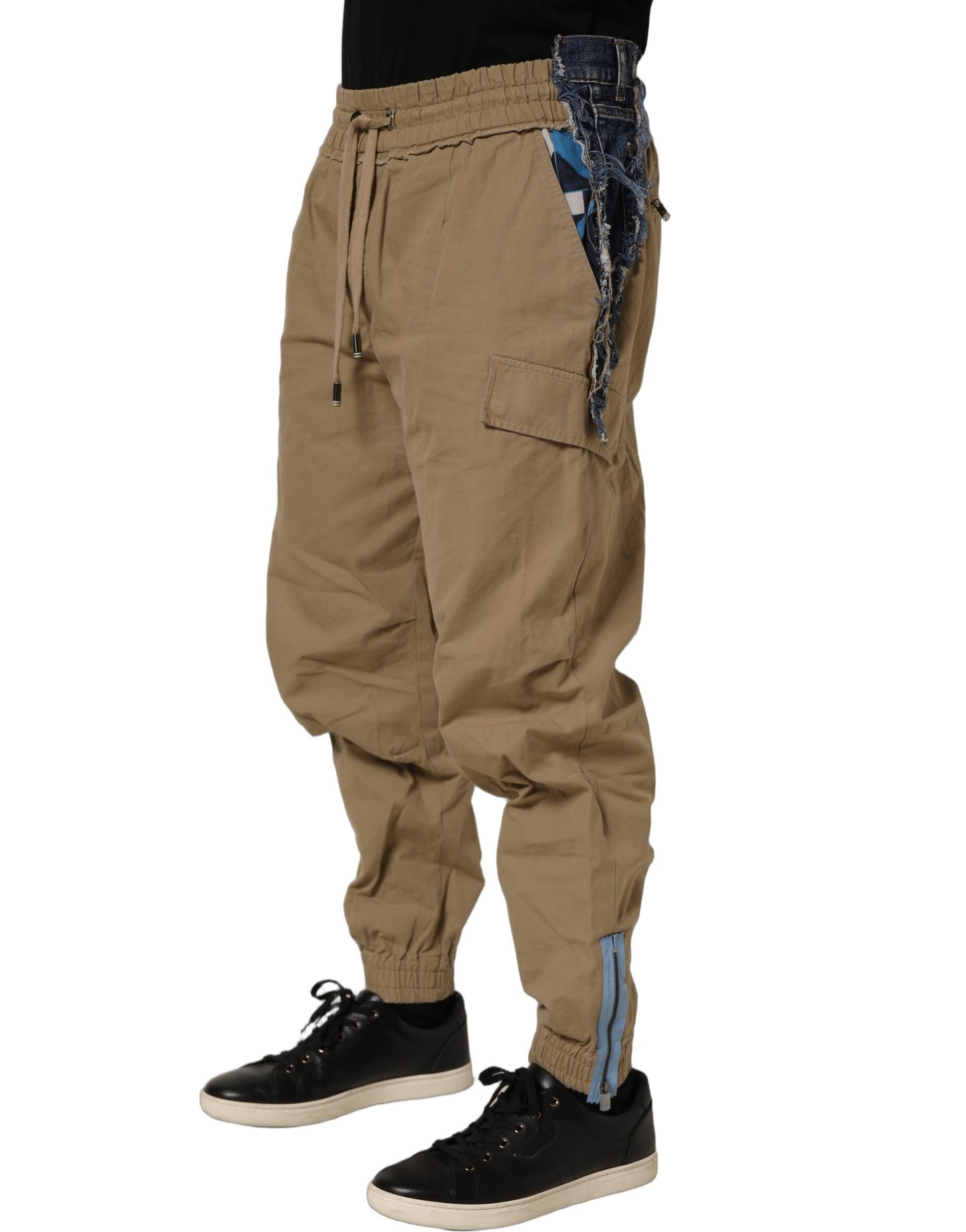 Beige Cotton Cargo Drawstring Trouser Pants