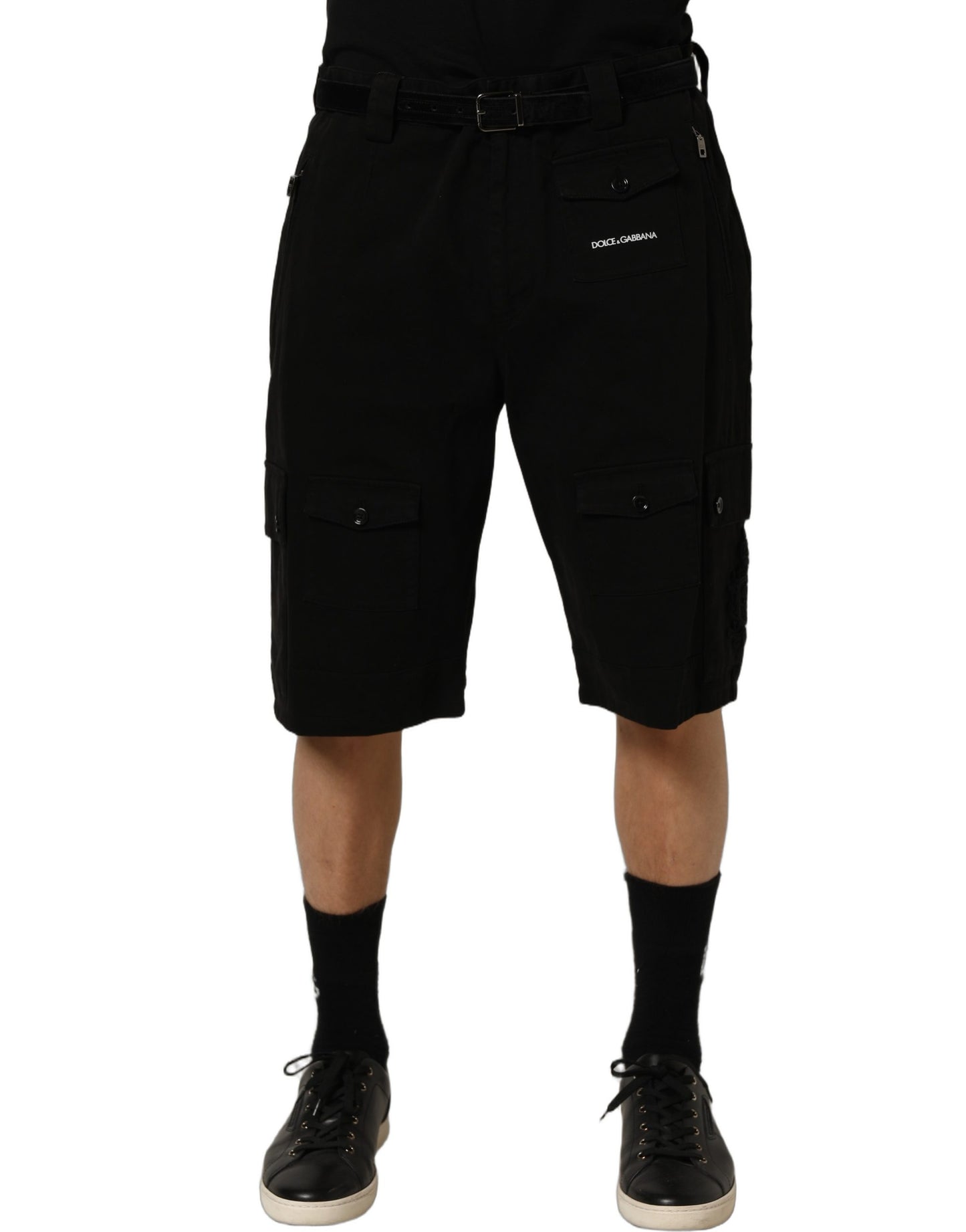 Black Cotton Mid Waist Men Cargo Shorts