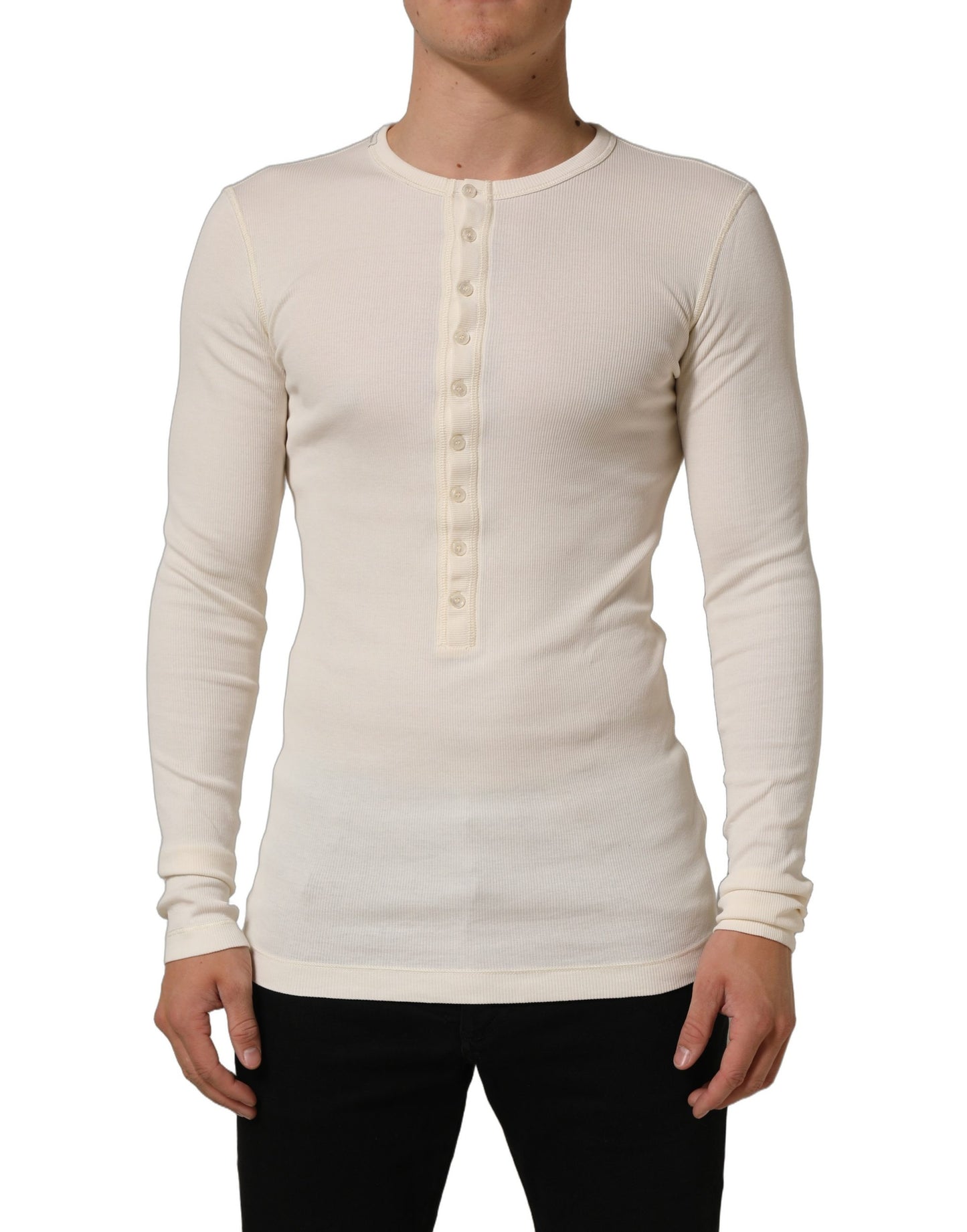 Off White Cotton Henley Long Sleeves T-shirt