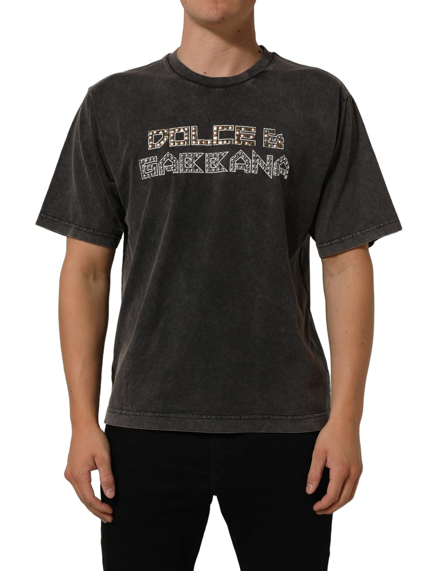 Gray Cotton Logo Stud Embellished T-shirt