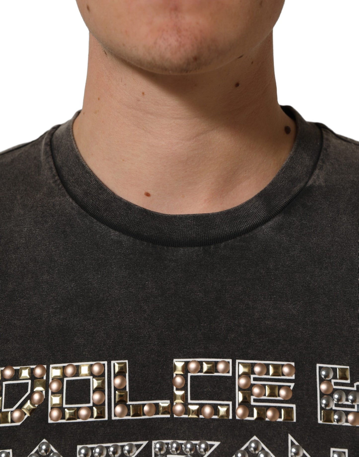Gray Cotton Logo Stud Embellished T-shirt