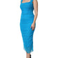 Blue Ruched Tulle Midi Square Neck Dress