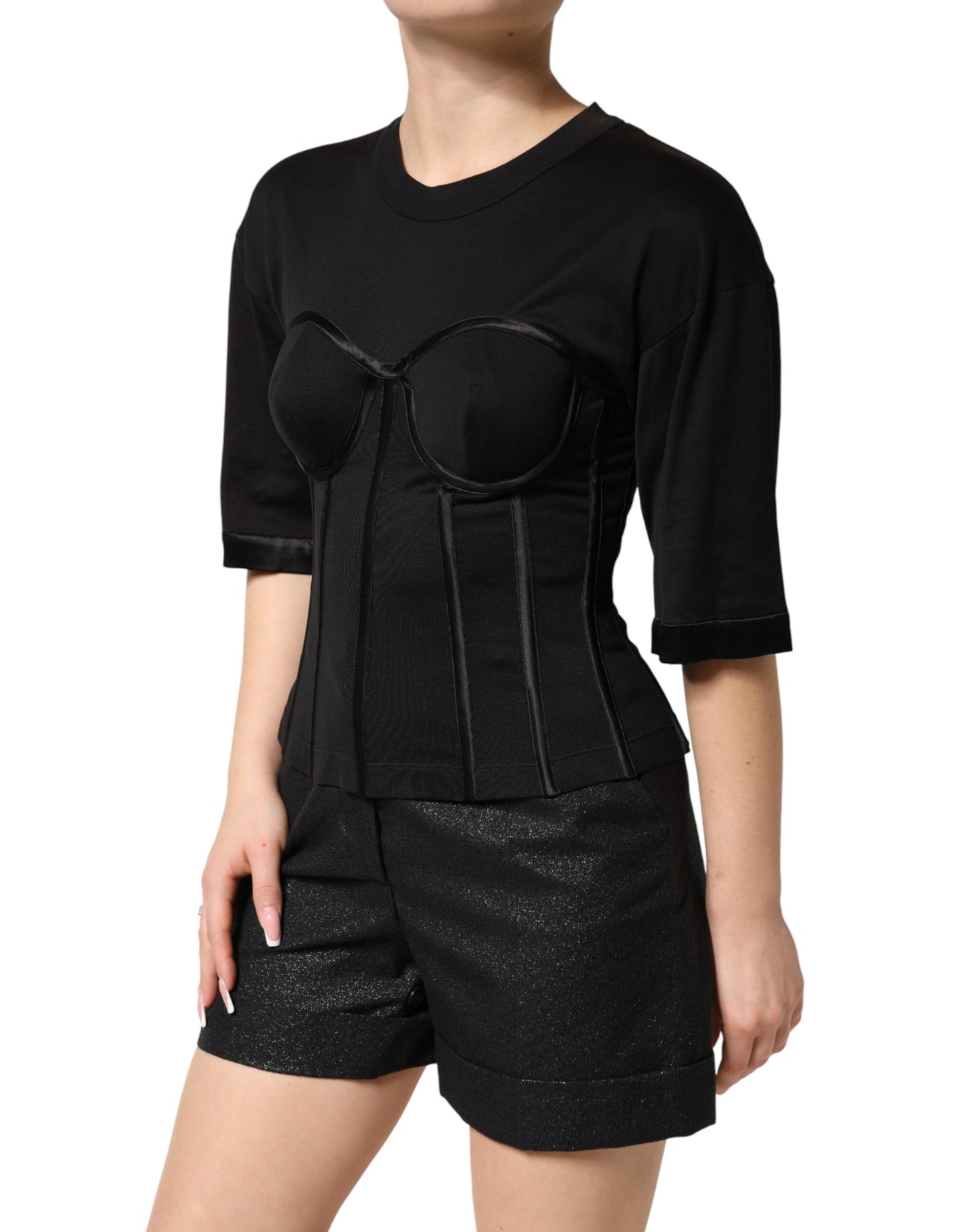 Black Cotton Short Sleeve Bustier T-shirt Top