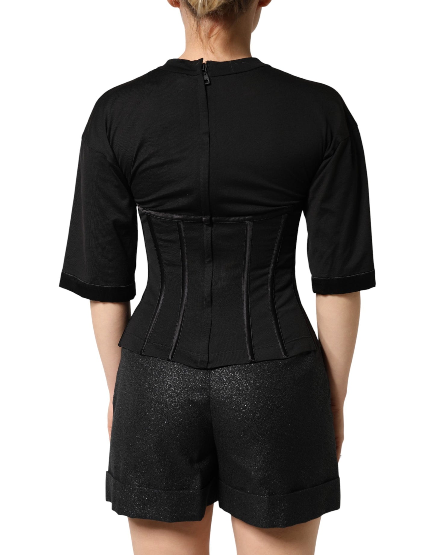 Black Cotton Short Sleeve Bustier T-shirt Top