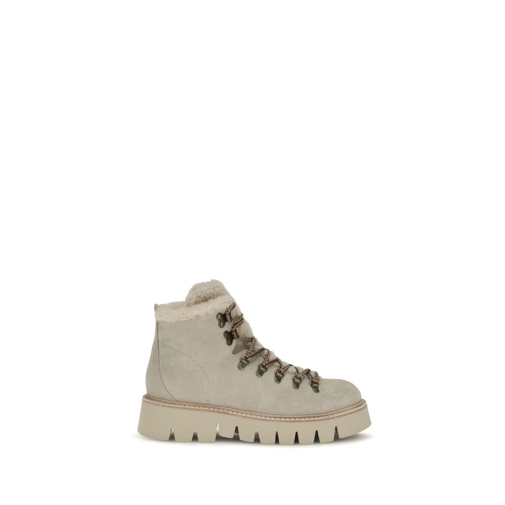 Beige Calf Leather Bos Taurus Lace-Up Boots