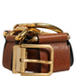 Brown Leather Gold Metal Rings Buckle Belt