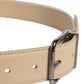 Beige Leather Silver Tone Metal Buckle Belt