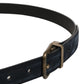 Men Black Leather Gold Tone Metal Buckle Belt