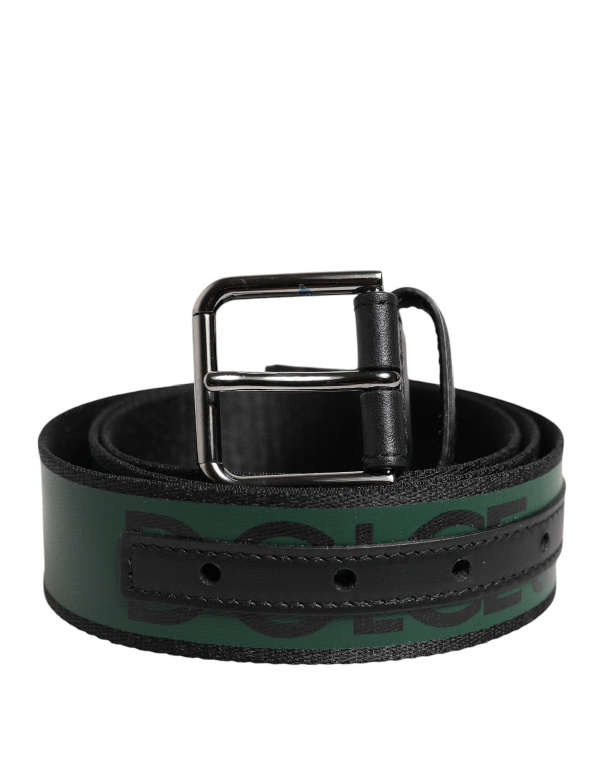 Black Green Logo Silver Tone Metal Buckle Belt