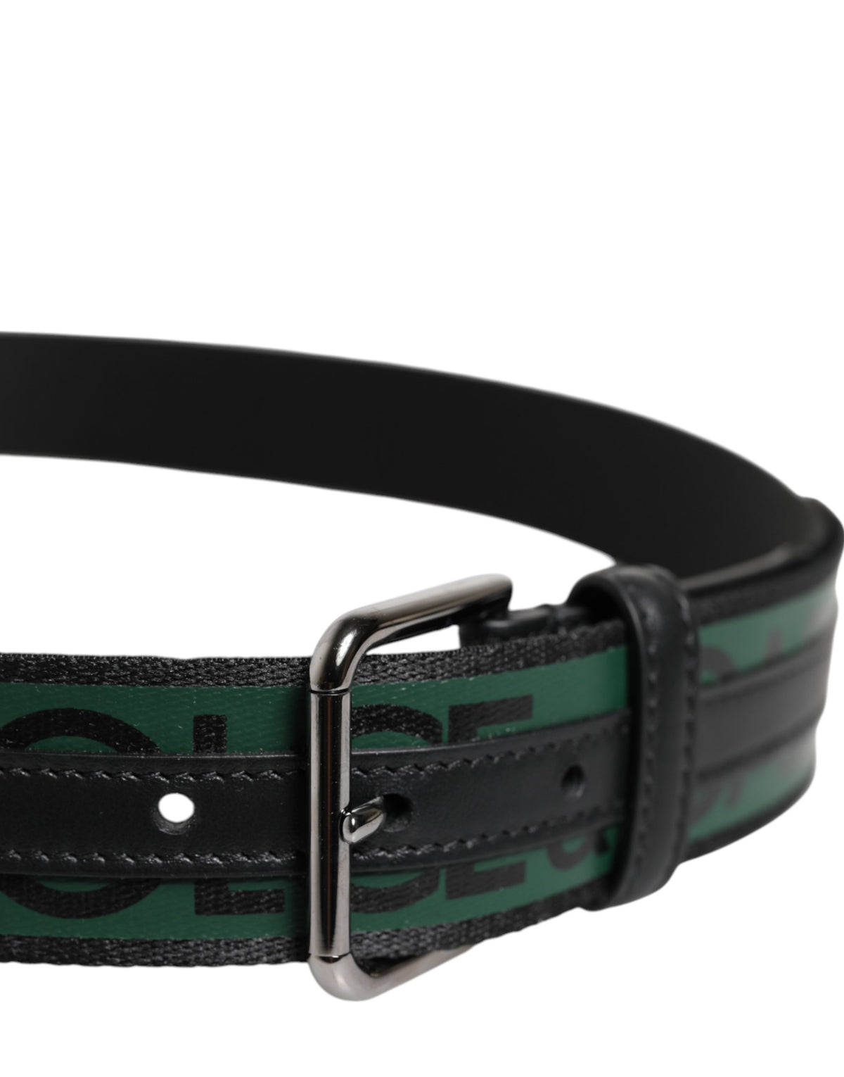 Black Green Logo Silver Tone Metal Buckle Belt