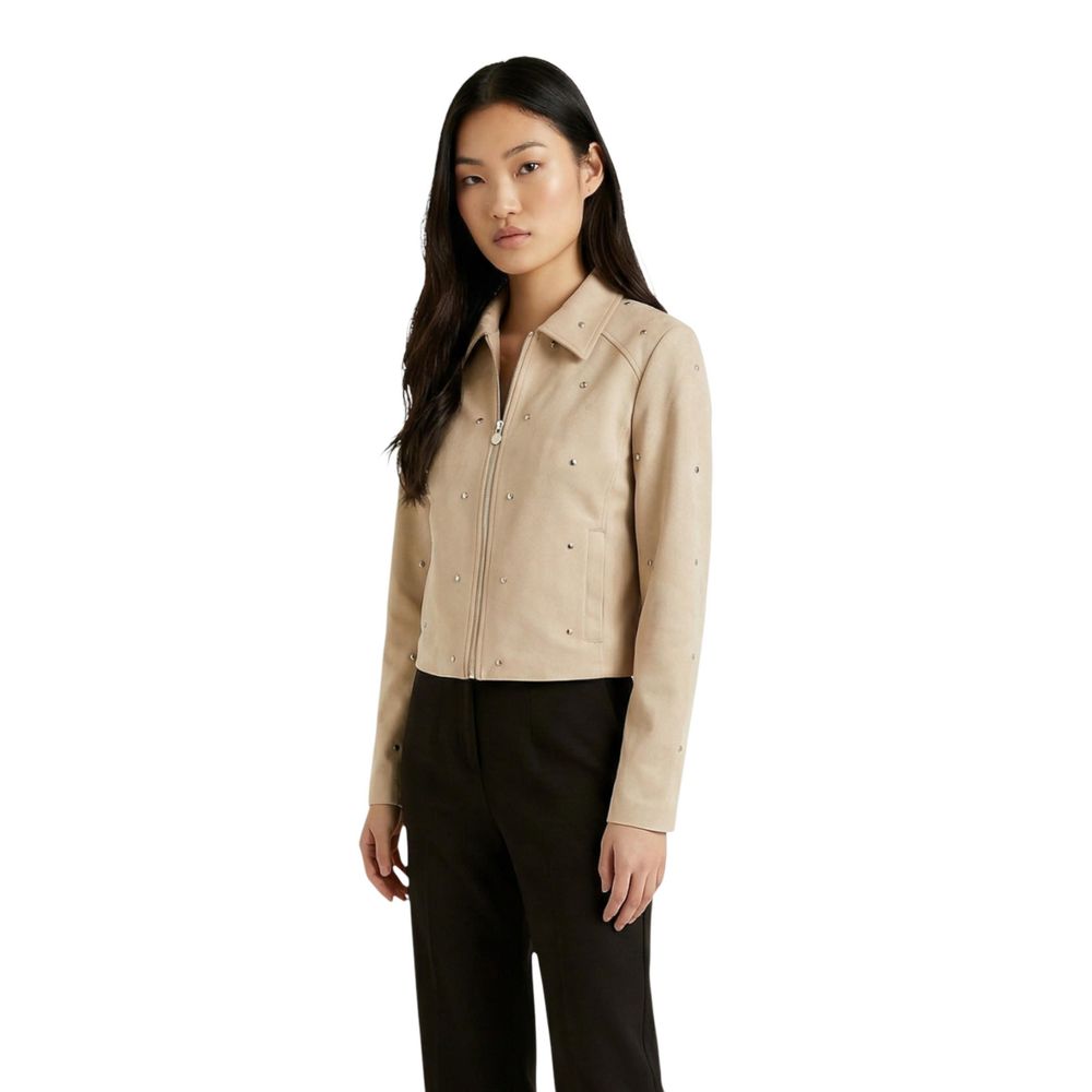 Beige Polyester Leather Jacket