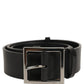 Black Leather Silver Tone Square Buckle Belt