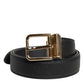 Black Grained Leather Gold Metal Buckle Belt
