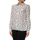White Black Dotted Silk Long Sleeves Top
