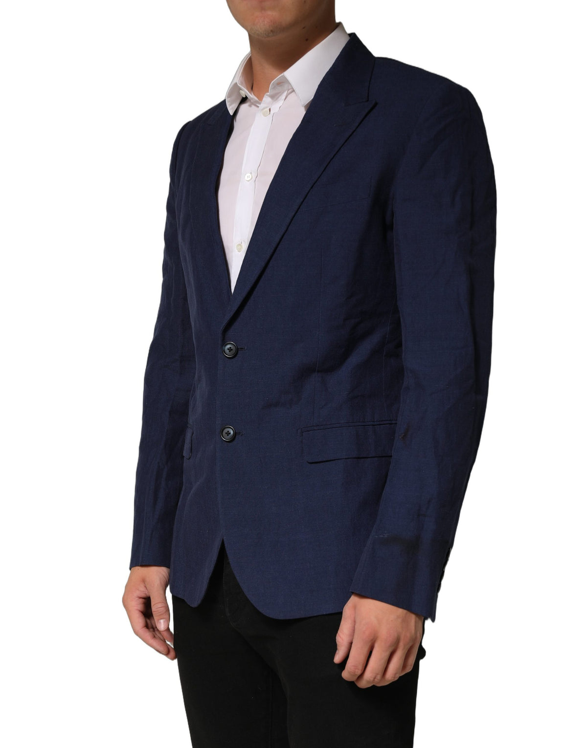 Dark Blue Flax Men Single Breasted Jacket