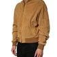 Beige Leather Perforated Full Zip Men Jacket