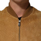 Beige Leather Perforated Full Zip Men Jacket