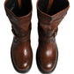Brown Leather Mid Calf Biker Boots Shoes
