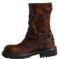 Brown Leather Mid Calf Biker Boots Shoes