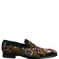 Black Velvet Floral Embroidery Loafers Shoes