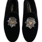 Blue Velvet Embellished Slip On Loafers Shoes