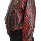 Red Leopard Bomber Leather Jacket with Crystal Buttons